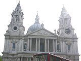London St. Pauls Cathedral 01 Outside Full View St. Paul�s Cathedral was initially built in 604AD, and was rebuilt in 675, 962 and 1087. Following the Reformation, the cathedral fell into disrepair. Inigo Jones began its restoration in 1633, adding a neo-classical portico. Sir Christopher Wren submitted a proposal for rebuilding, which the Fire of London in 1666 allowed to be realized. Wren�s design received approval in 1675 with construction being finished in 1710. Here is a full view of St. Paul�s Cathedral from the west, with the Bell and Lantern at the very top 111m above the church floor, and the Clock Tower to the right.